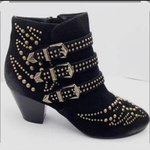 Ash Genuine Suede Bronze Studded Tripe Buckle Heel Booties Sz 8